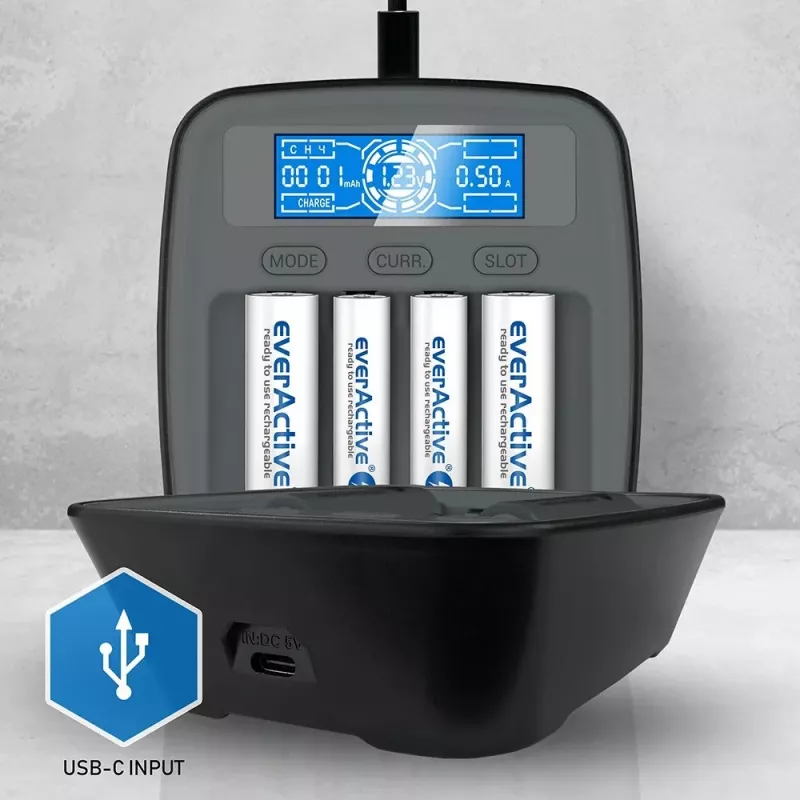 Battery charger everActive NC1000MV2 — Ni‑MH 4‑slot USB‑C charger, 4 cells, 5V, black, 110×99×38 mm