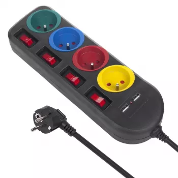 Power strip MACLEAN MCE229B — 4 AC sockets, 2× USB-A, 1.5 m cable, 10 A, Type F, indoor, black