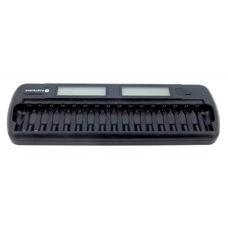 Battery charger everActive NC-1600 — universal DC charger for Li-Ion, supports 16 cells, compatible sizes AA/AAA/C, black, AC 100–240V 50–60Hz