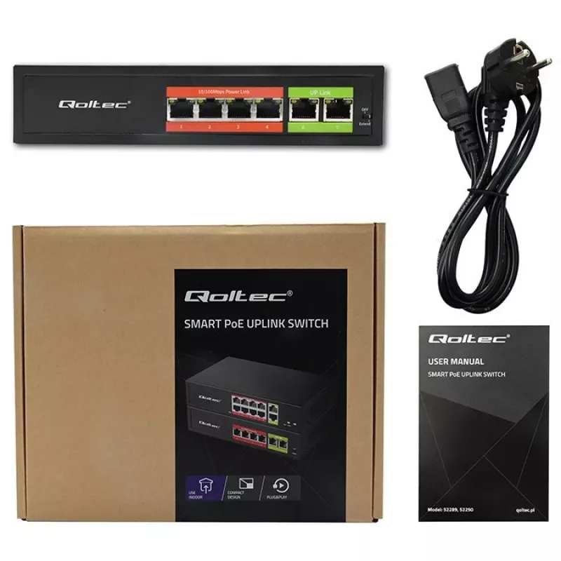 Ethernet PoE Switch QOLTEC 52289 — 4x RJ45 PoE ports, 2x RJ45 uplink, 65W power budget