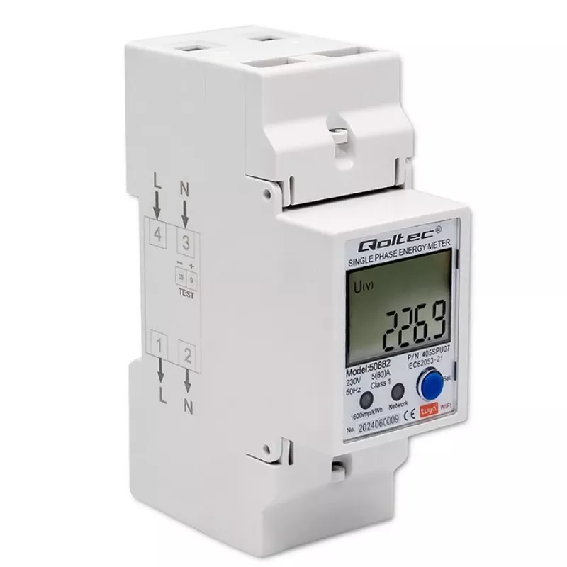 Qoltec 50882 Single phase electronic energy consumption meter for DIN rail | Wi-Fi | TUYA | 230V | LCD