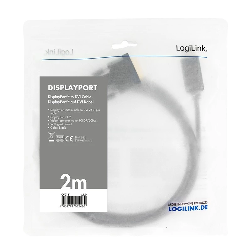 Video Cable Adapter LogiLink CV0131 2m DisplayPort DVI Black