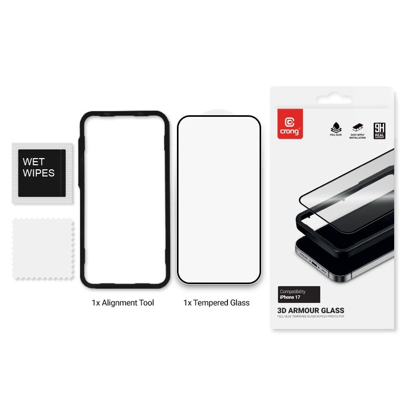 Tempered glass screen protector installation frame by Crong for iPhone 17 (model CRG3DAGIP1763)