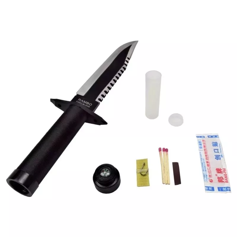 Fixed-blade survival knife cinema classic Rambo I CC-H1 — 360 mm overall, 225 mm serrated steel blade, black leather scabbard