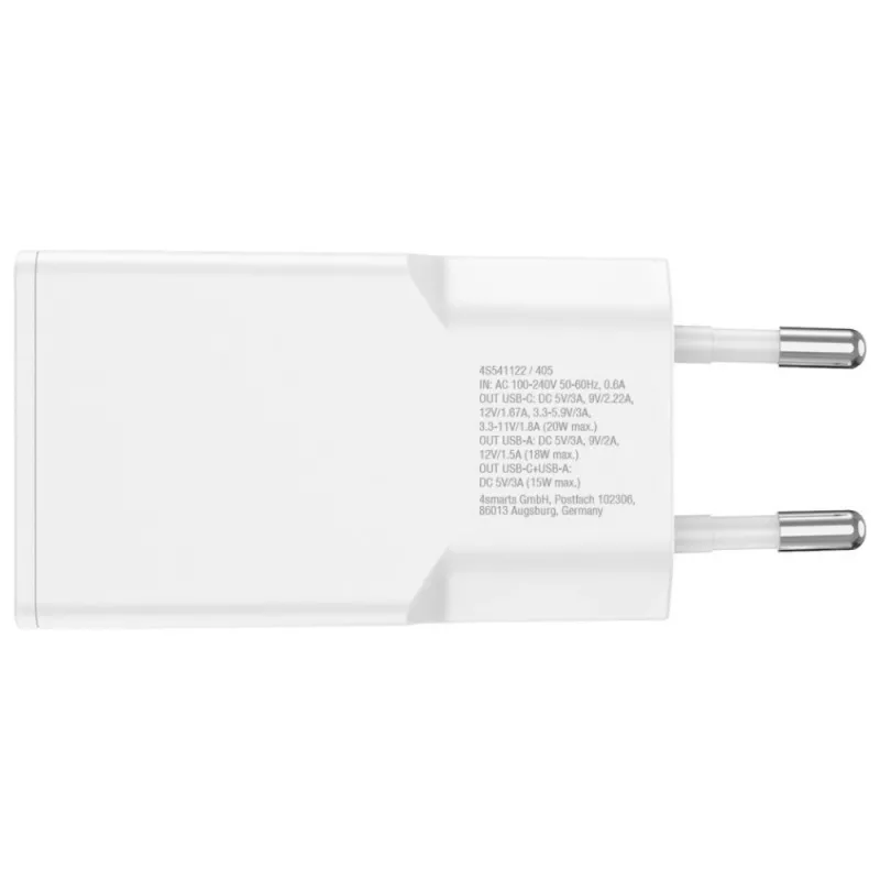 AC indoor mobile device charger 4smarts 541509 — 100–240V, USB-A + USB-C, 1.5 m cable, fast charging, white