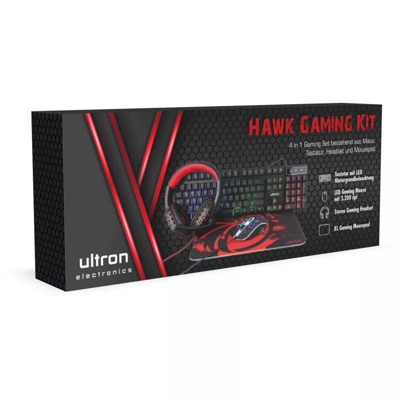 Gaming Set Ultron HAWK Keyboard Mouse QWERTZ German Black Red White