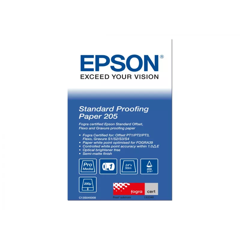 Epson Standard Proofing Paper, 24 inch x 50m, 205g/m², 50 m, 61 cm, 61 cm (24 inch), Semi-matt, 200 µm, 205 g/m²