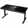 Dual-motor sit/stand adjustable-height gaming desk with built-in PC case, wireless charger, RGB lighting, control panel, and USB ports, tempered glass tabletop, black.