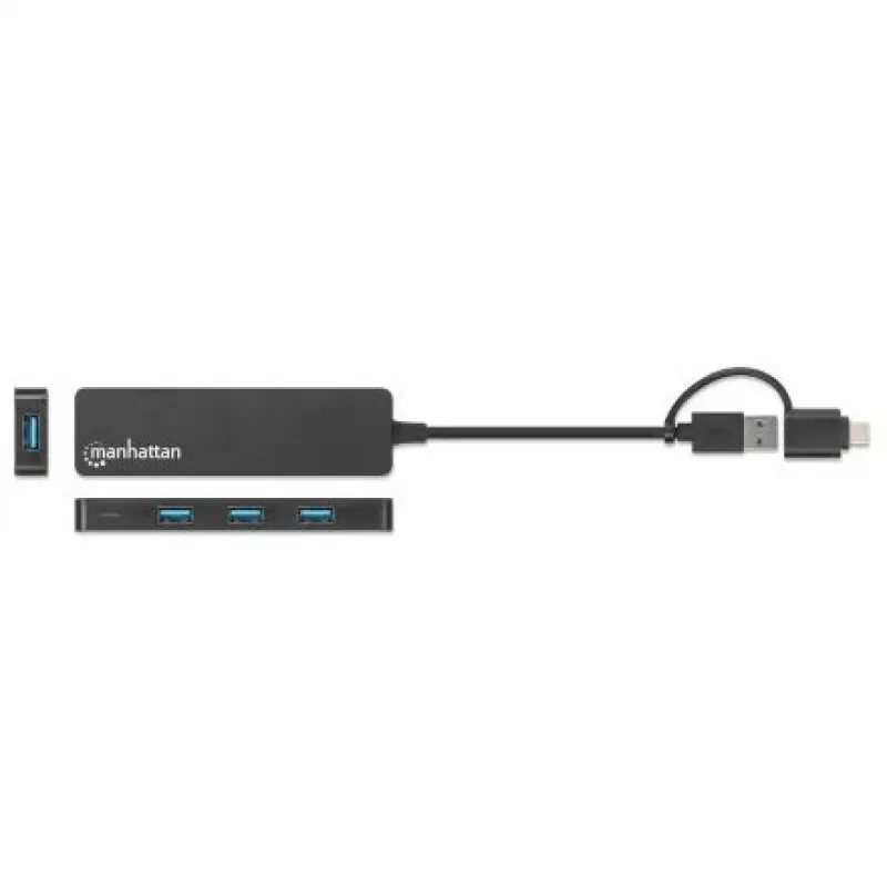 Manhattan USB-C & USB-A Combo Dock/Hub, Ports (4): USB-A (x4), 5 Gbps (USB 3.2 Gen1 aka USB 3.0), USB powered (no external power supply required)