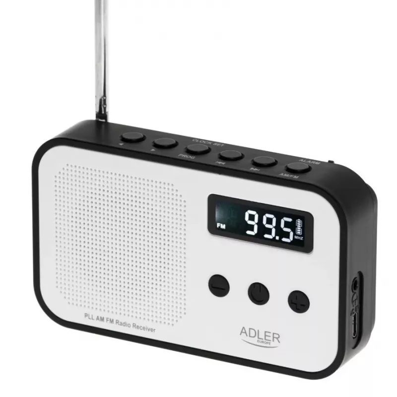 Portable digital radio Adler AD 1907 — AM/FM, digital tuner, alarm, USB-C, 600 mAh battery, LCD, 20 presets, telescopic antenna