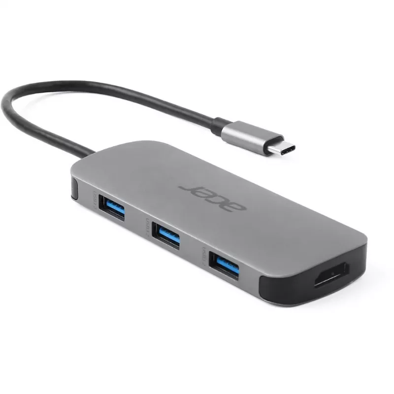 7‑in‑1 USB‑C Dongle Acer — USB 3.2 Gen 1 Type‑C, 3x USB‑A, HDMI, SD/MicroSD, 100W PD, Silver
