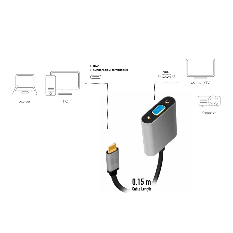 USB Type-C to VGA (D-Sub) video adapter cable LOGILINK CUA0104 0.15 m, grey/black