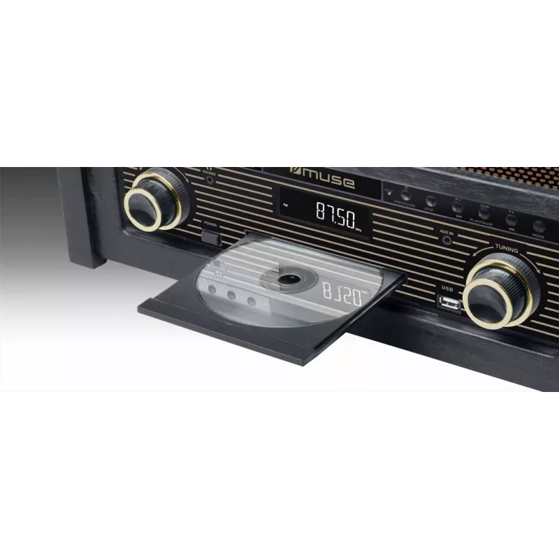 Turntable muse MT-115 W — black/gold, 33-45-78 RPM, J-shaped tonearm, rotary volume, 240V AC