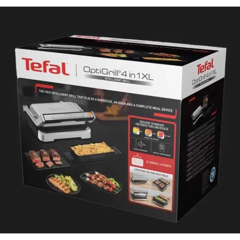 Electric contact grill Tefal OptiGrill+ XL stainless steel — large capacity, automatic cooking programs