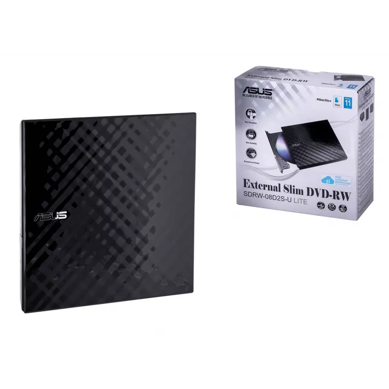 External DVD±RW optical drive ASUS SDRW-08D2S-U Lite, USB 2.0, black, 24x CD / 8x DVD, 142×142×20 mm