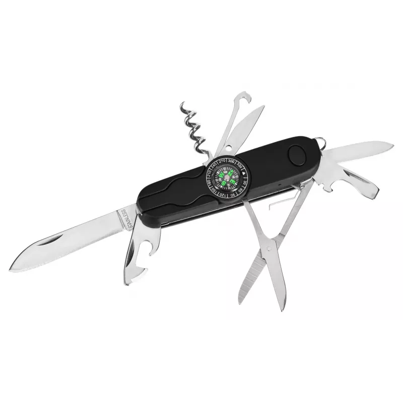 Pocket knife AZYMUT Izeron multi-tool — 13 tools, stainless steel 420J2/3CR13, folded 9 cm, 91 g, leather belt pouch, built-in light & compass