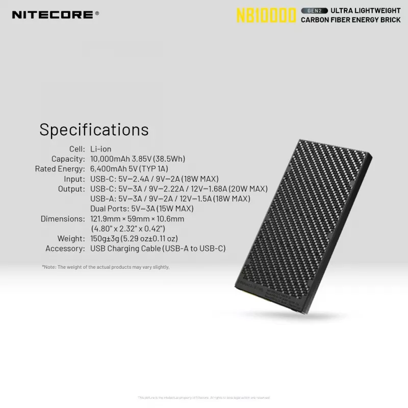 Portable Power Bank Nitecore NB10000 — 10000 mAh, USB‑A + USB‑C, 38W total output, grey