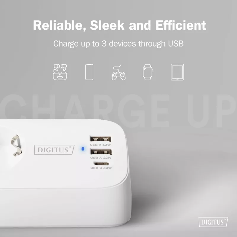 Power strip DIGITUS 3-way with 2×USB-A and 1×USB-C, 3 AC outlets Type E/F, 1.5 m cable, white