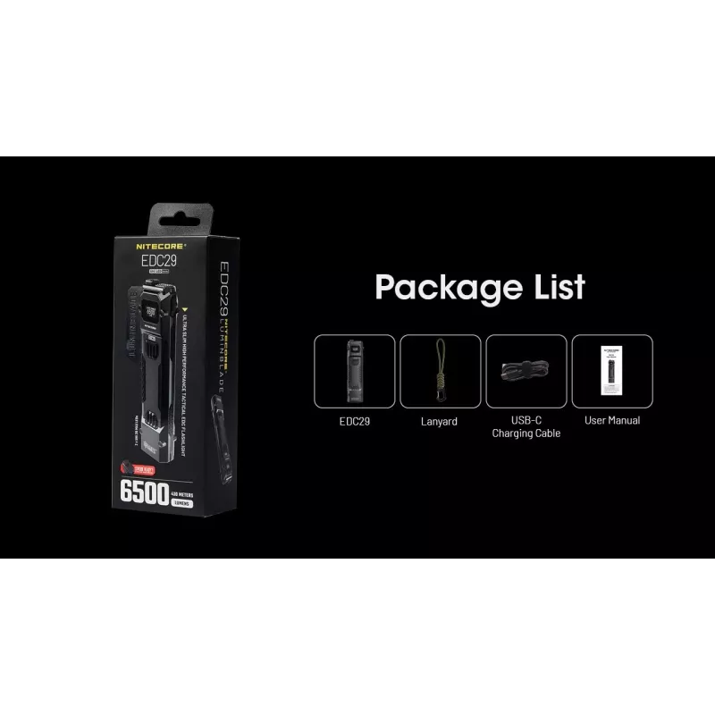 Hand flashlight Nitecore EDC29 stainless steel housing, 2 LEDs, 15–6500 lm, IP54, USB rechargeable