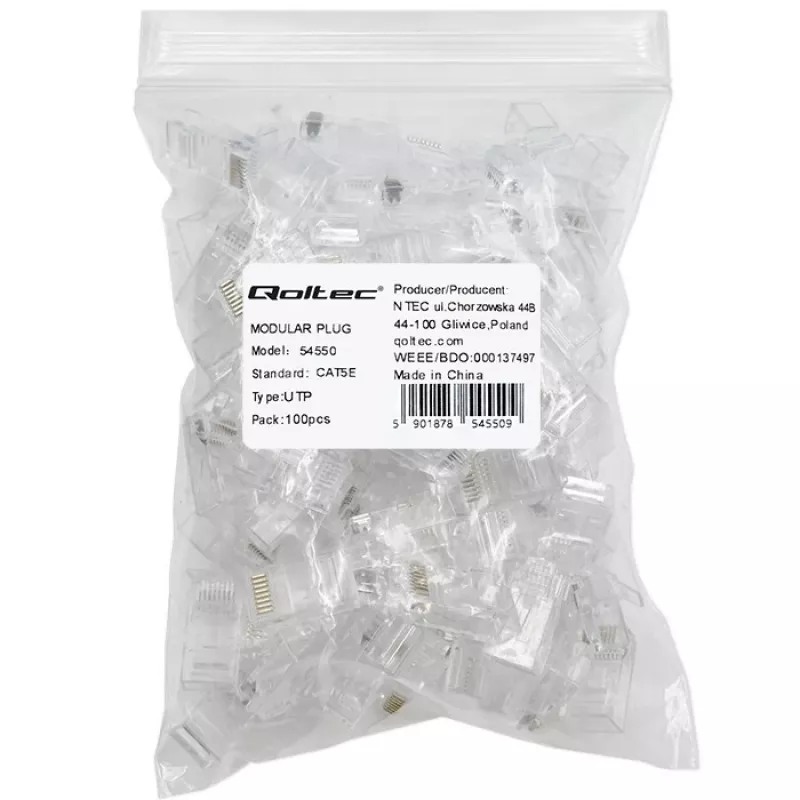 Modular RJ45 connector QOLTEC 54550 CAT5e UTP, pack of 100