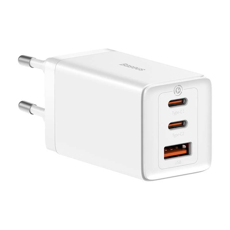 Wall charger Baseus GaN5 Pro 65W — USB + 2×USB-C (QC3.0, PD3.0) with 1m USB-C cable, white