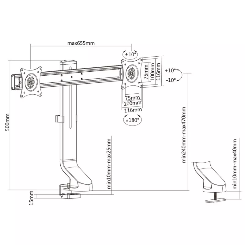 Monitor holder MACLEAN MC-854 for two monitors 17–27 inch VESA 75x75 / 100x100, dual-arm desk mount