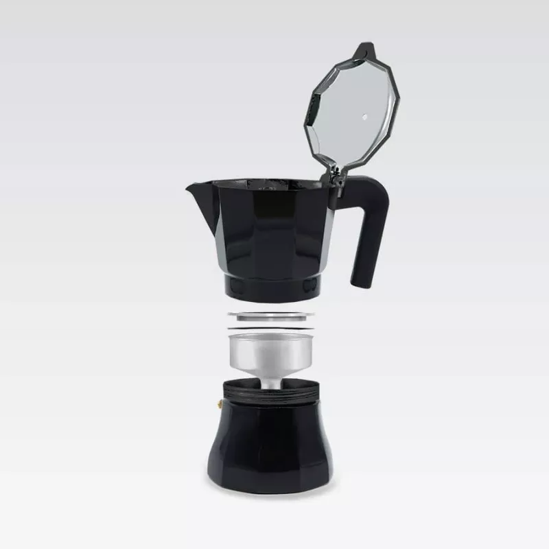 Moka pot Maestro MR-1658-3 — aluminium stovetop coffee maker, 3 cups (0.15 L), black, hinged lid