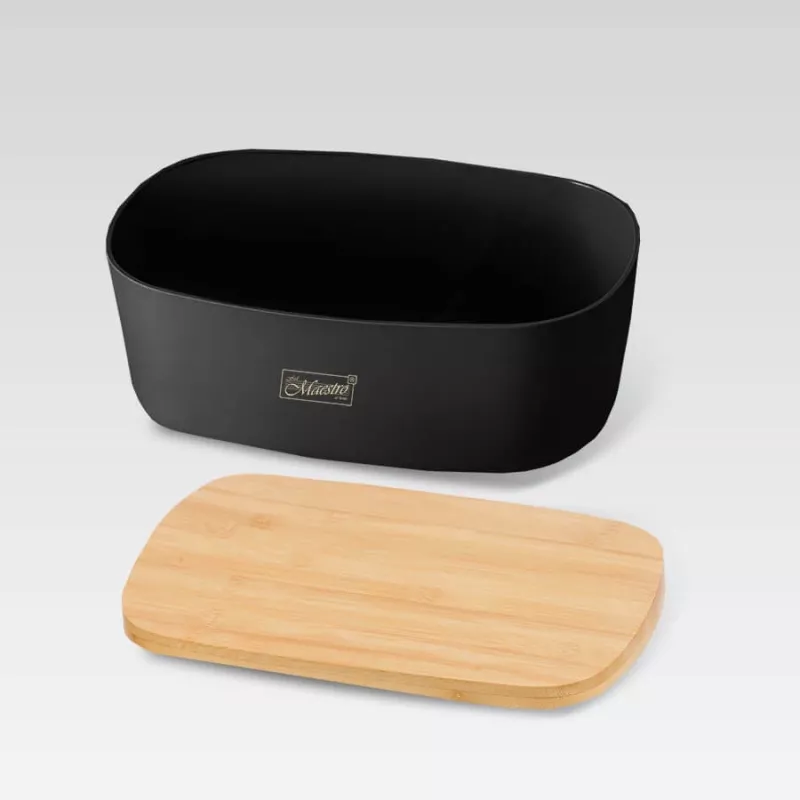 Breadbox Maestro MR-1776-BLACK countertop bread bin, plastic body with wooden lid, 345×235×130 mm