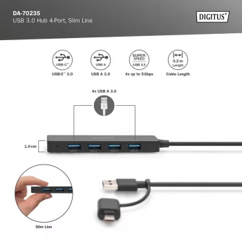 USB Hub, Digitus, DA-70235, 4-Port, USB 3.2 Gen 1, Type-A and Type-C, 12000 Mbit/s