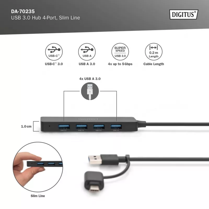USB Hub, Digitus, DA-70235, 4-Port, USB 3.2 Gen 1, Type-A and Type-C, 12000 Mbit/s