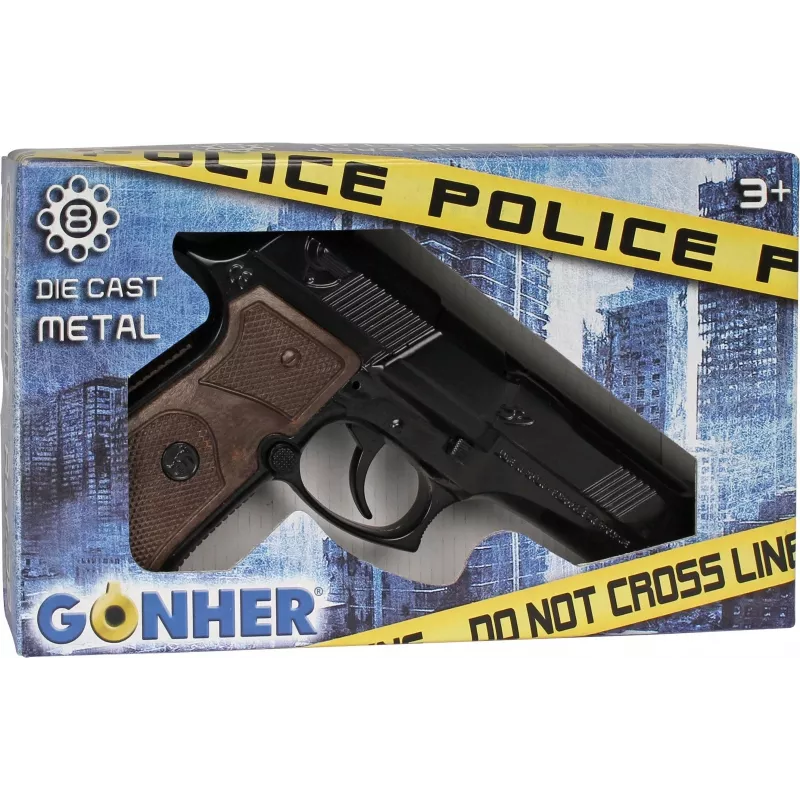 Toy metal police pistol Pulio model 15539/6 — metal construction, toy accessory