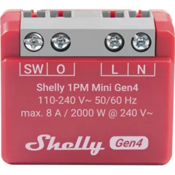 Smart switch Shelly 1PM Mini Gen4, wireless 110–240V AC, max 8A / 2000W, plastic housing 34×16×29 mm