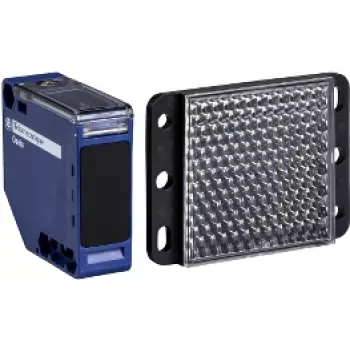 Photoelectric sensor APC XUK1ARCNL2H61 — blue plastic housing, 0–7 m range, 24–240 V AC input, 250 V output, 50×50×18 mm
