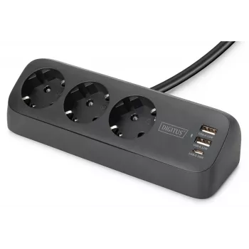Power strip DIGITUS 3-way with 2×USB-A & 1×USB-C, 3 AC outlets Type E/F, 1.5 m cable, black