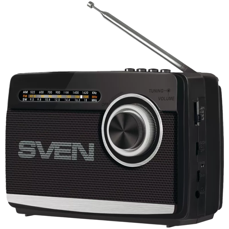 Speaker SVEN SRP-155, black (3W, Bluetooth, FM/AM/SW, USB, microSD, flashlight, battery)