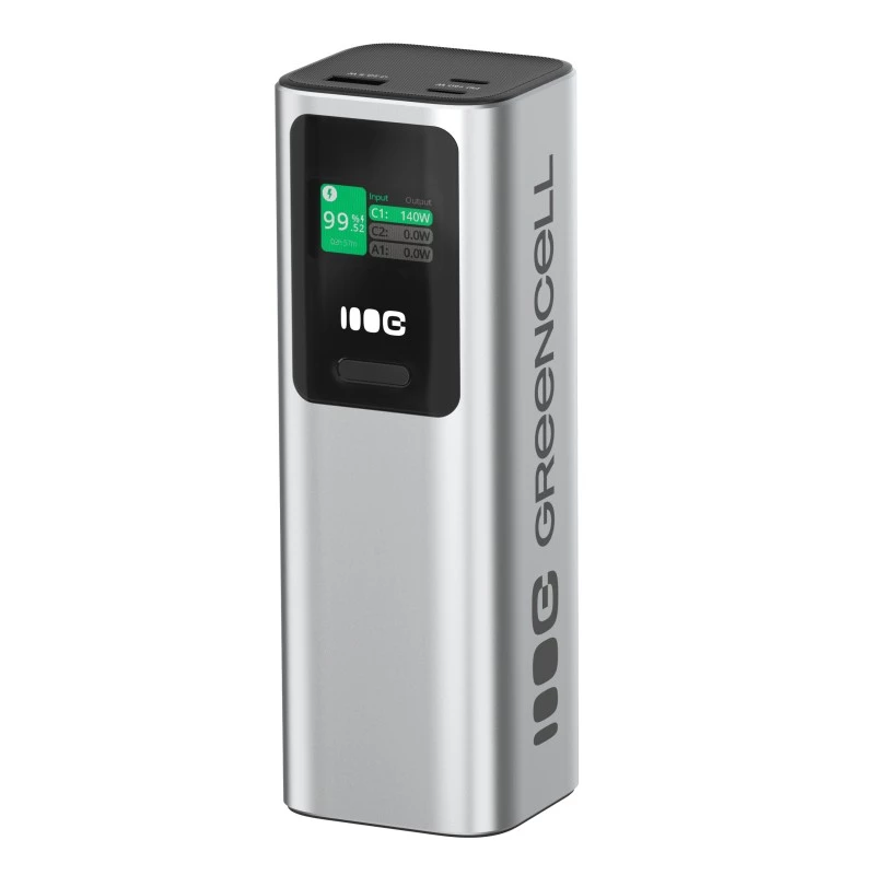 Portable battery Green Cell PBGC25UD, 25200 mAh, Li‑Ion, 140 W total, 2× USB‑C + 1× USB‑A, OLED display, aluminium housing