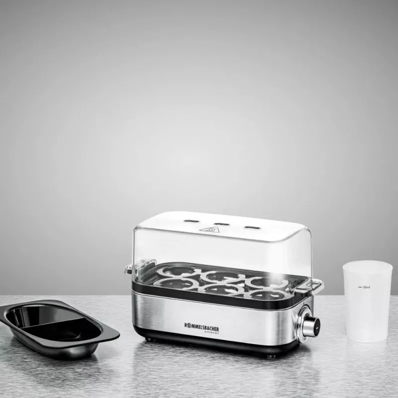 Egg cooker Rommelsbacher ER 600 — electric egg boiler, 6-egg capacity, 400 W, stainless steel, transparent lid