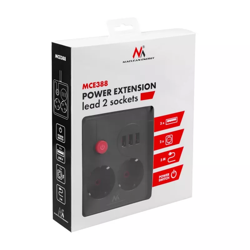 Power strip MACLEAN MCE388 B — 2 AC sockets, 3×USB A, 110–120V 50/60Hz, 2500W, 3 m cable, black