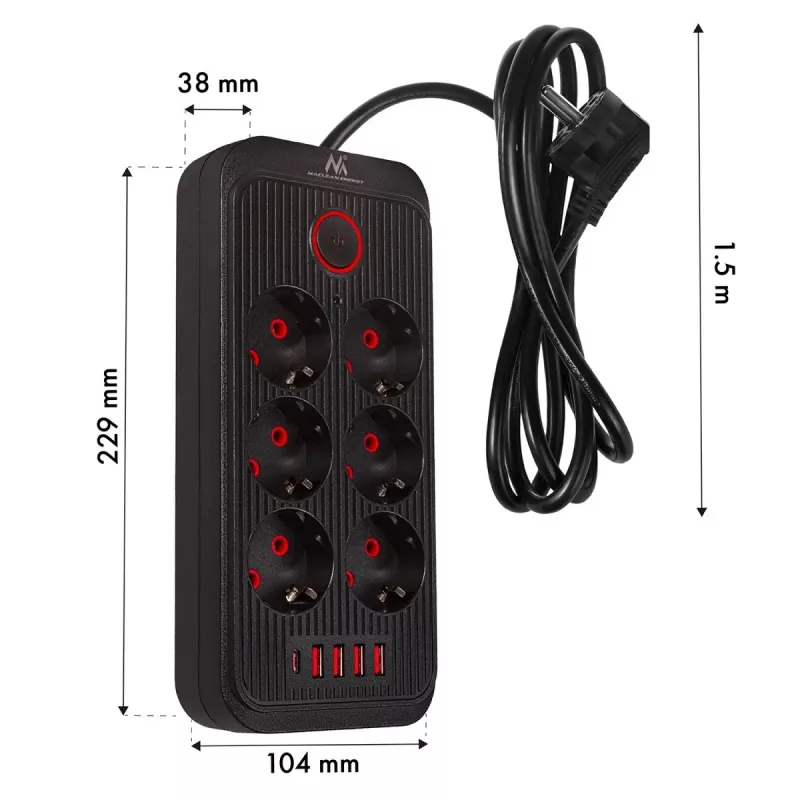 Power strip MACLEAN MCE389 B — 6 sockets, 4×USB-A + 1×USB-C, 110–240V, 2.1A, 2500W, 1.5 m cable, black