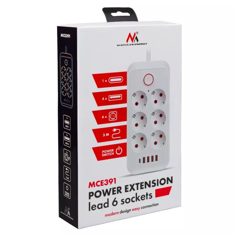 Power strip MACLEAN MCE391 W — 6 sockets, 4×USB-A + 1×USB-C, 3 m cable, 110–240V, 2500W, white