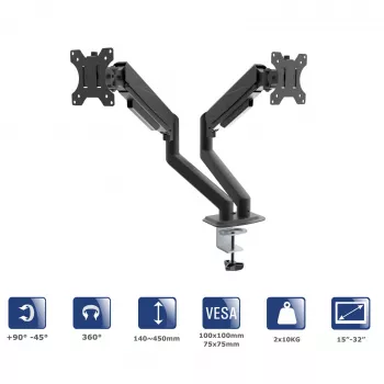 Akyga AK-MB-06 Dual Monitor Desk Mount, Gas Spring Arms, 15-32 inch, 2x 10 kg, VESA 75x75 / 100x100, Black