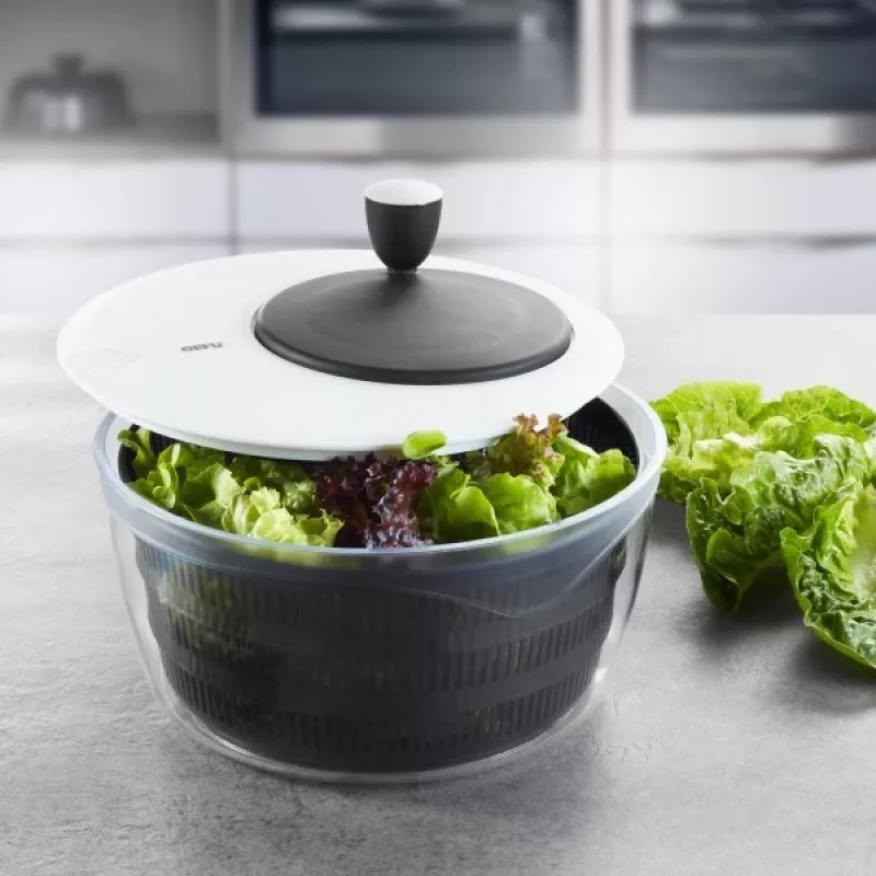 Salad spinner GEFU Rotare crank handle, capacity 3 L, plastic housing, black/white, dishwasher safe