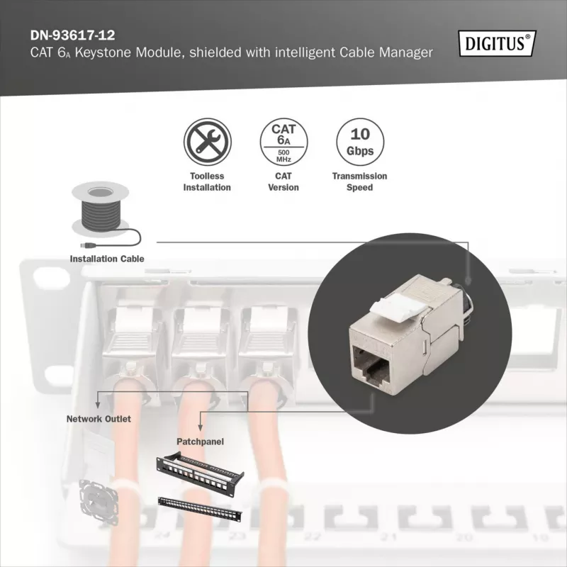 Keystone module DIGITUS CAT 6A shielded with intelligent cable manager, flat RJ-45, 14.5×34.5×21 mm — 12 pcs