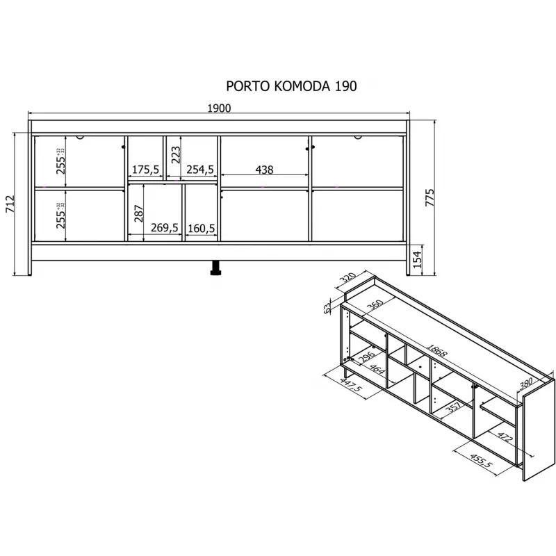 Cama PORTO 3D chest of drawers 190x38x77 oak/black