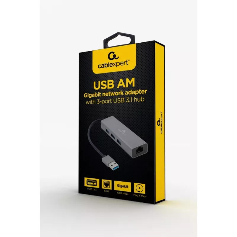Gembird A-AMU3-LAN-01 USB-A to Gigabit LAN Adapter with 3-Port USB 3.0 Hub, Black