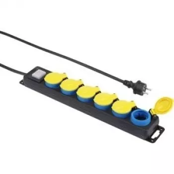 Power strip Renkforce 650D-CMB — 6-socket switched power strip, black with yellow and blue outlets