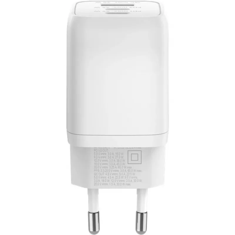 USB-C Fast Charger Nano, PD, GaN, 65 Watt (White, 1x USB-A, 2x USB-C PD, Charge 3.0)
