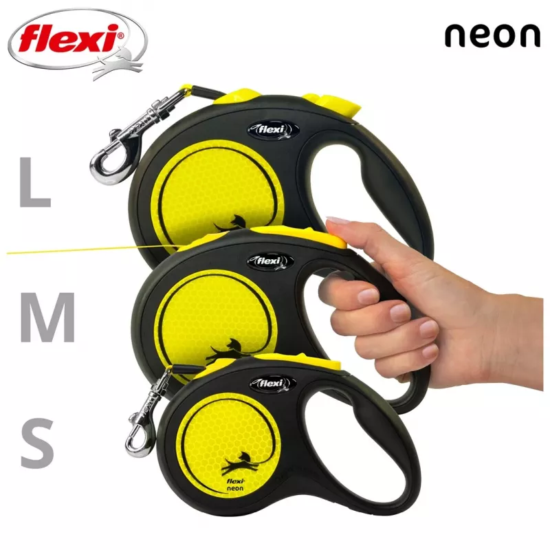 Retractable lead Flexi New NEON 5 m - tape leash, for small dogs up to 15 kg, black/yellow