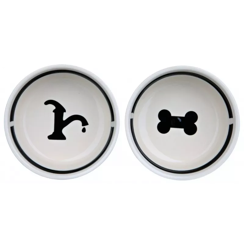 Ceramic dog bowl Trixie MISKI 0.6 L, 15 cm diameter, black, non-slip feet, dishwasher-safe, set of 2