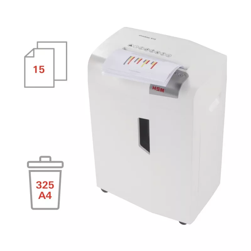 Paper shredder HSM X15, particle-cut P-4, 23 cm working width, 16-sheet capacity, 26 L bin, silver
